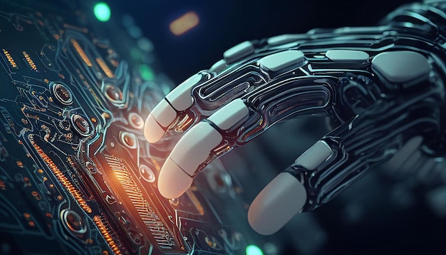 O dedo indicador de uma mão robótica toca um painel de computador No mundo virtual Generative AI usa tecnologia biônica