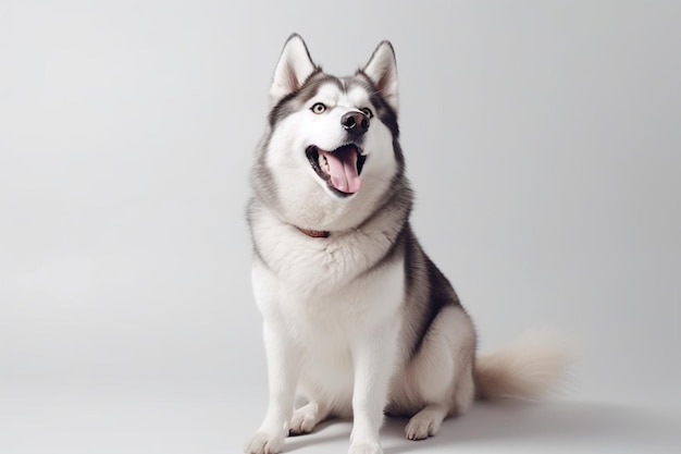 O delicioso cão de companhia husky está posando de um cachorrinho cinza branco brincalhão ou animal de estimação brincando no fundo do estúdio branco conceito de movimento de ação movimento animais de estimação amor parece feliz encantado engraçado