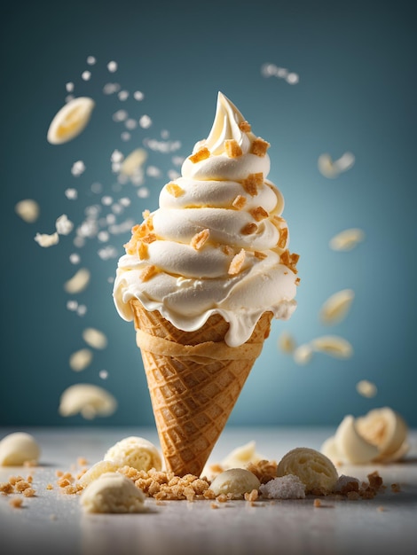 O delicioso cone de sorvete de baunilha é um clássico deleite de verão, um cone de waffle crocante cheio de creme