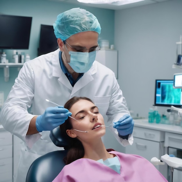 O dentista prepara a anestesia no consultório dentário no fundo. O paciente olha para a injecção.