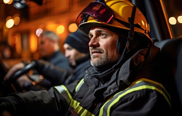 O departamento de bombeiros apareceu tarde da noite falando no rádio enquanto estava sentado dentro do veículo de bombeiros é um bombeiro vestindo equipamento de proteção