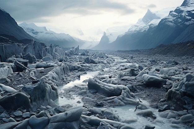 Foto o derretimento dos glaciares causa estragos, inundações e danos ao solo.