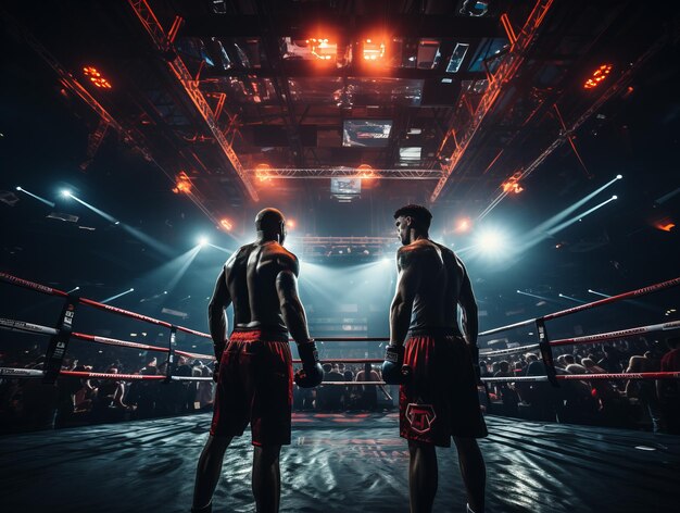 O desafio do guerreiro masculino Um boxeador luta com determinação no ringue