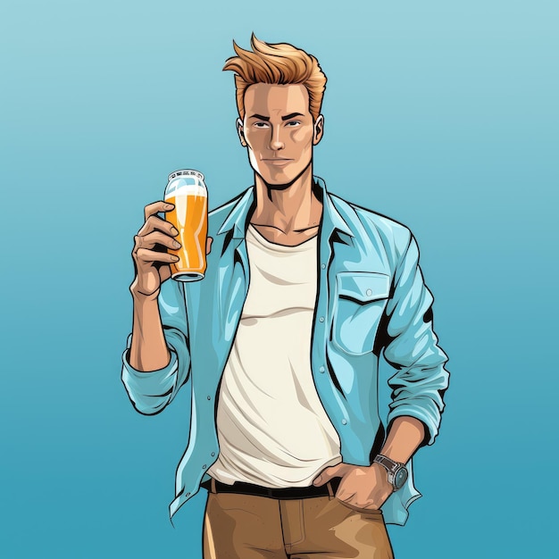O desenho animado de Kenny elogia um boneco Ken peculiar bebendo uma cerveja gelada em meio a um país das maravilhas azul