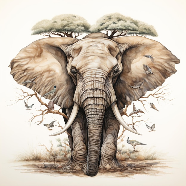 o desenho de um elefante com árvores ao fundo.