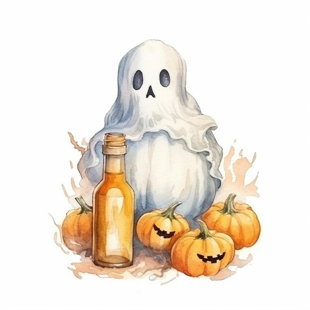 o desenho de um fantasma com uma garrafa de vinho e abóboras.