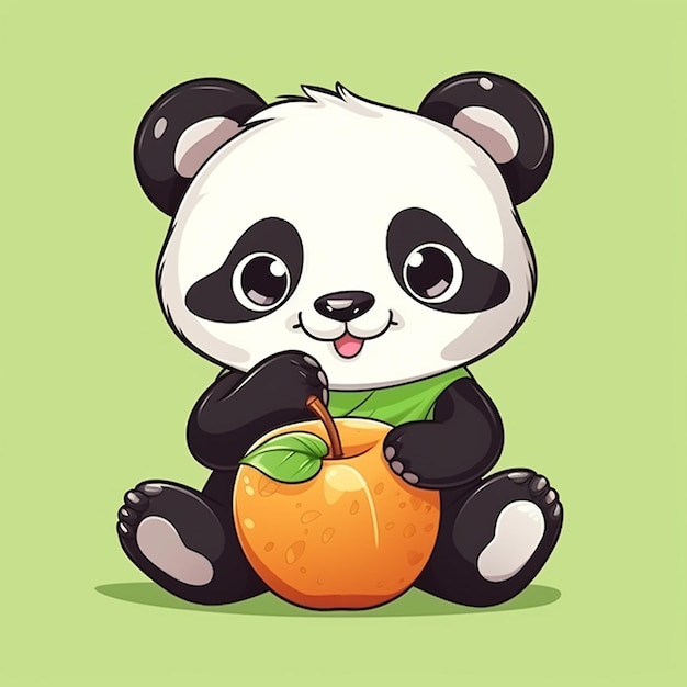 o desenho de um panda segurando uma laranja com fundo verde.