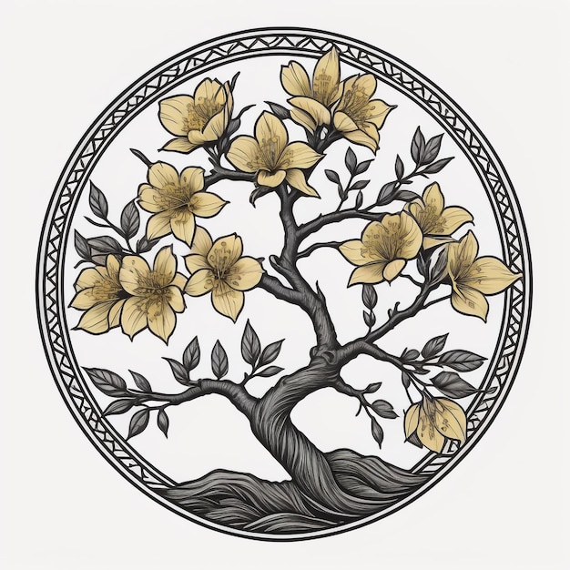 O desenho de uma árvore com flores amarelas e um círculo preto e branco.