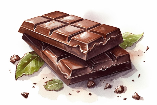 O desenho de uma barra de chocolate com folhas verdes.