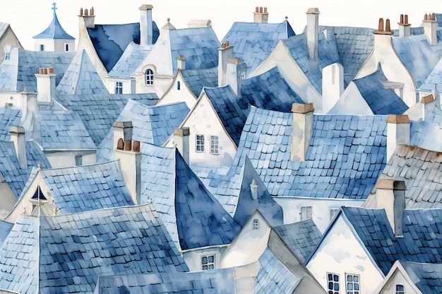 o desenho de uma fileira de casas com telhados azuis.