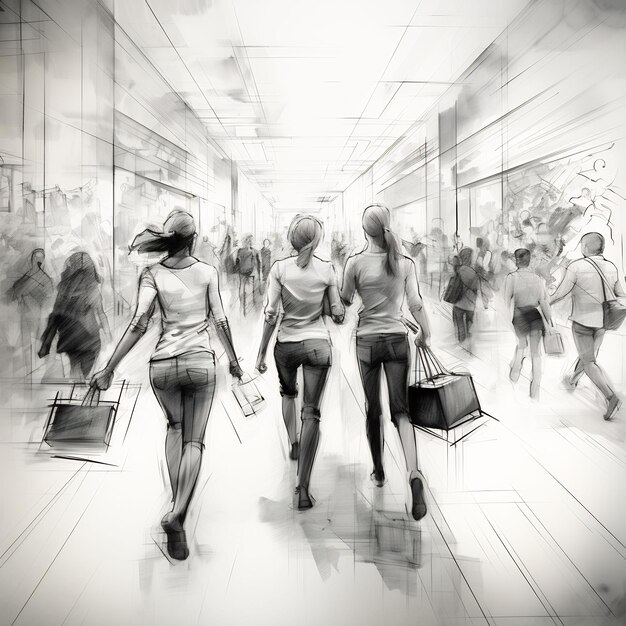 o desenho de uma mulher andando por uma rua movimentada com uma mulher carregando sacolas de compras