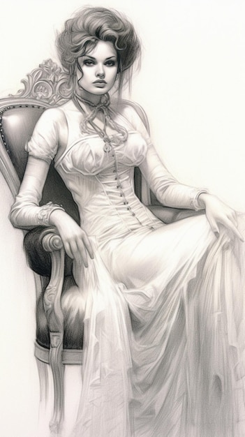 o desenho de uma mulher com um vestido branco e uma saia longa branca.