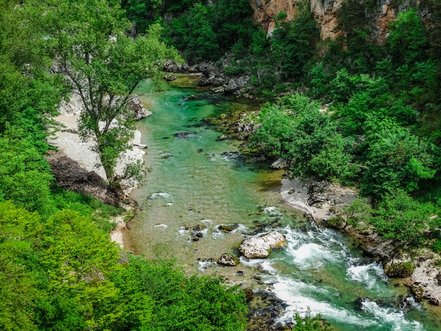 O desfiladeiro de Verdon, rio verde-turquesa de cor Verdon, Alpes da Alta Provença, França