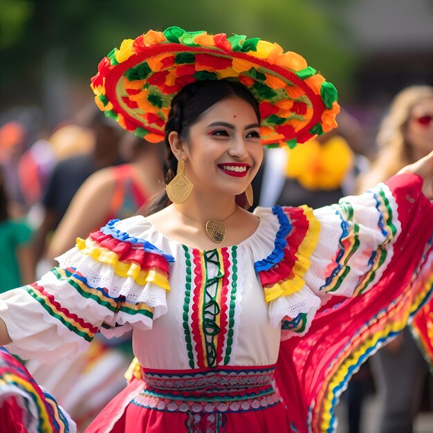Foto o desfile da independência mexicana da 20a rua mulher mexicana vestindo roupas tradicionais se apresentando no desfile