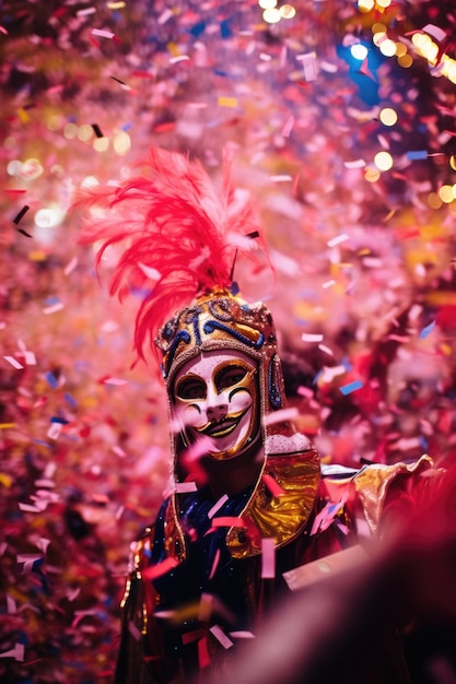 o desfile de carnaval com pessoas vestidas com trajes coloridos confeti flutuando ao redor