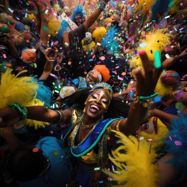 o desfile de carnaval com pessoas vestidas com trajes coloridos confeti flutuando ao redor