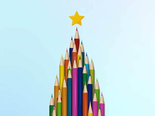 O design da árvore de Natal é feito de lápis coloridos Conceito de férias escolares de Natal