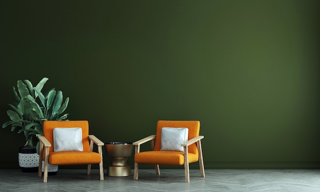 O design de interiores da sala de estar e o fundo do padrão de parede verde, renderização em 3D