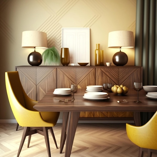 O design de interiores de uma moderna sala de jantar ou sala de estar