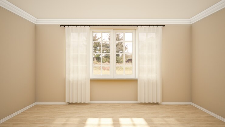 O design de interiores de uma sala vazia e de estilo moderno de sala de estar com janela e piso de madeira.