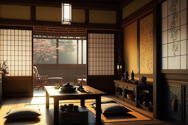 O design de interiores foi criado exclusivamente em estilo japonês, com áreas de estar e jantar modernas, tatames de piso de madeira e uma porta tradicional japonesa