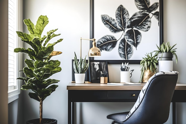 O design do conceito de interiores do home office apresenta uma bela planta natural que cria um ambiente calmante