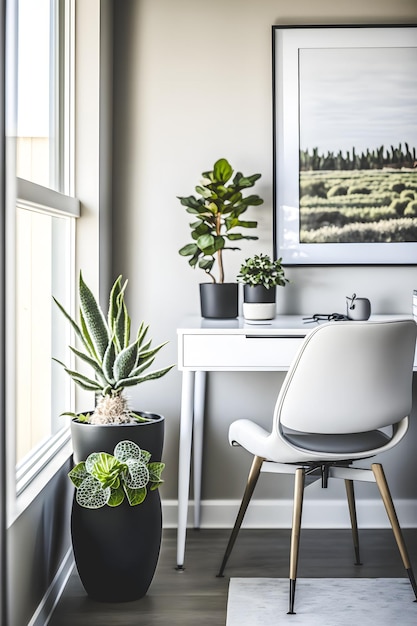 O design do conceito de interiores do home office apresenta uma bela planta natural que cria um ambiente calmante