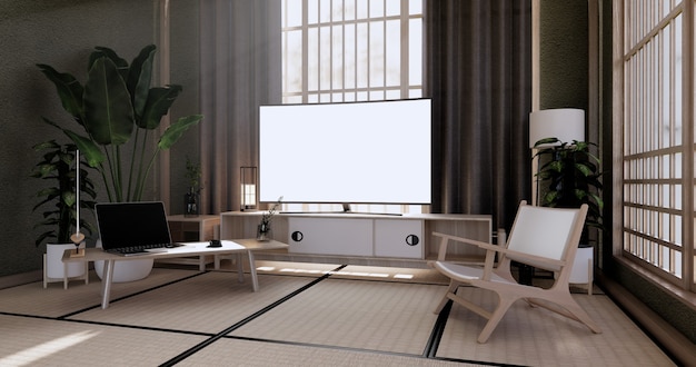 O design do gabinete vintage, sala de estar verde com poltrona em estilo japonês. renderização 3d