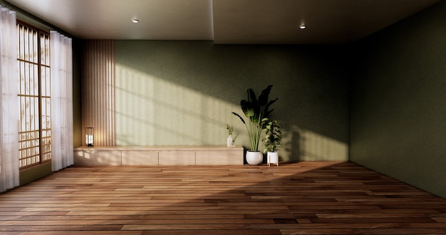 O design do gabinete vintage, sala de estar verde com poltrona em estilo japonês. Renderização 3D