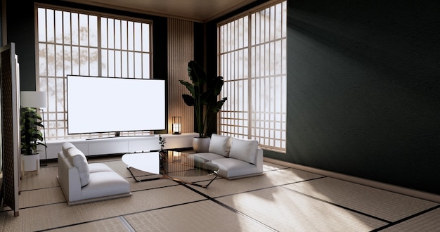 O design do gabinete vintage, sala de estar verde com poltrona em estilo japonês. Renderização 3D