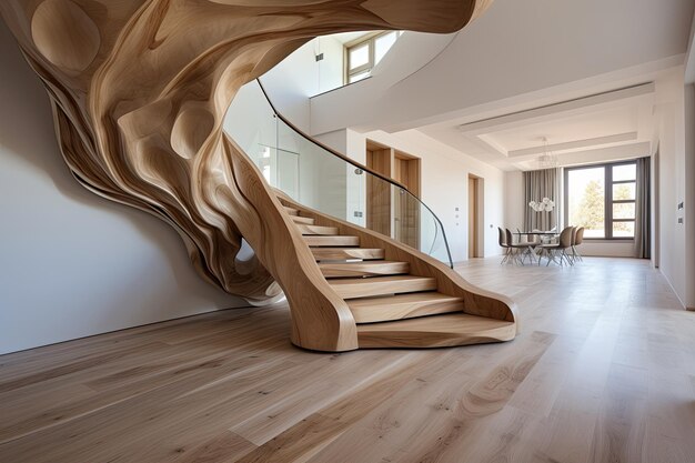 O design interior contemporâneo em uma casa nova apresenta escadas elegantes feitas de madeira de cinza orgânica