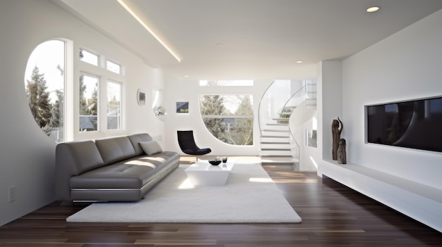 O design interior de uma espaçosa sala de estar moderna e minimalista em tons de branco com um design de parede arqueado Generative AI AIG27