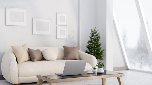 O design interior de uma sala de estar contemporânea apresenta um laptop em uma mesa de café e decoração doméstica