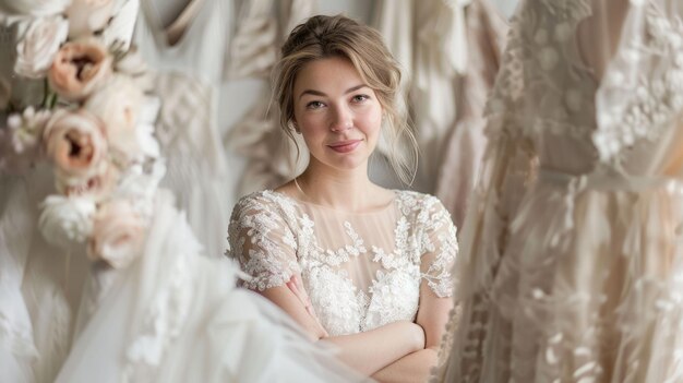 O designer do vestido de noiva no estúdio cheio de vestido de núpcias no modelo aig