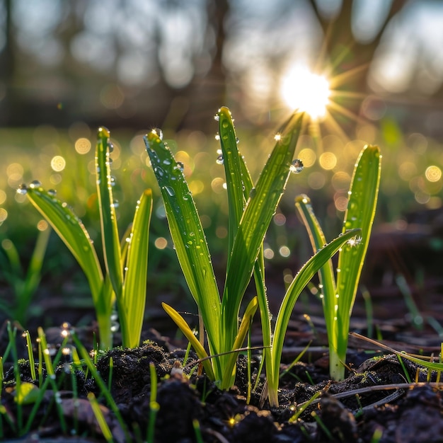 O despertar dos jovens brotos de grama da primavera, brilhando com as gotas de orvalho da manhã