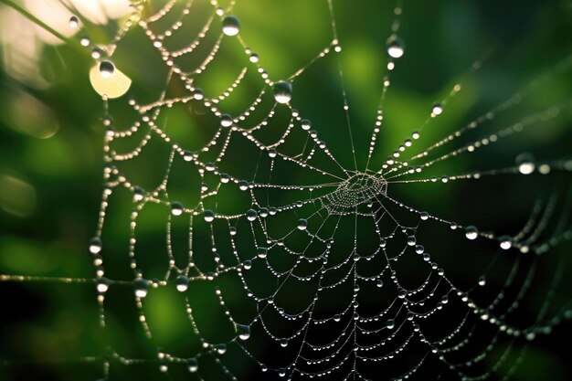 O detalhe de uma teia de aranha carregada de orvalho no início da manhã IA generativa