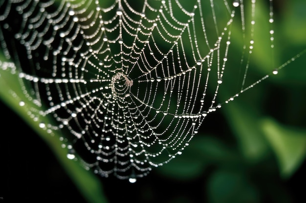 O detalhe de uma teia de aranha carregada de orvalho no início da manhã IA generativa