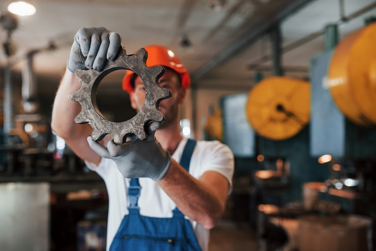 Foto o detalhe está pronto. homem de uniforme trabalha na produção. tecnologia industrial moderna.