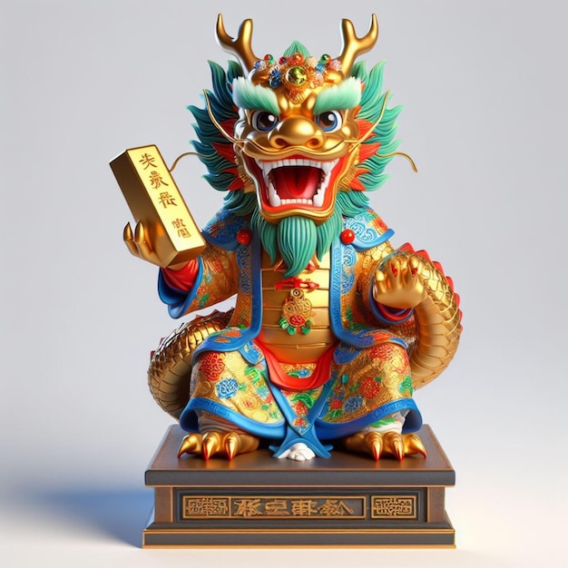 O Deus da Fortuna toma a forma de um dragão chinês animado em 3D e senta-se em um pequeno pedestal