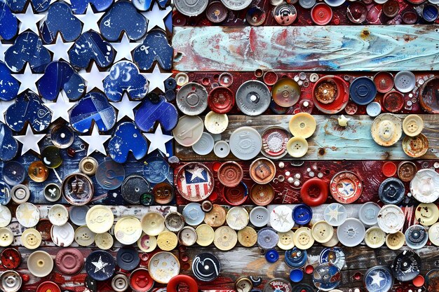 O dia da independência, 4 de julho, a bandeira americana, feita por um mosaico vibrante composto de materiais reutilizados, como tampas de garrafas, fragmentos de vidro e chaves descartadas.
