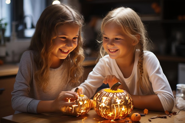 O Dia das Bruxas é um feriado tradicional divertido para as crianças. As crianças esculpiam uma abóbora com fogo. Feitiçaria.