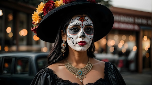 O dia dos mortos Calavera Catrina Retrato de mulher com maquiagem tradicional de caveira de açúcar Mexicana