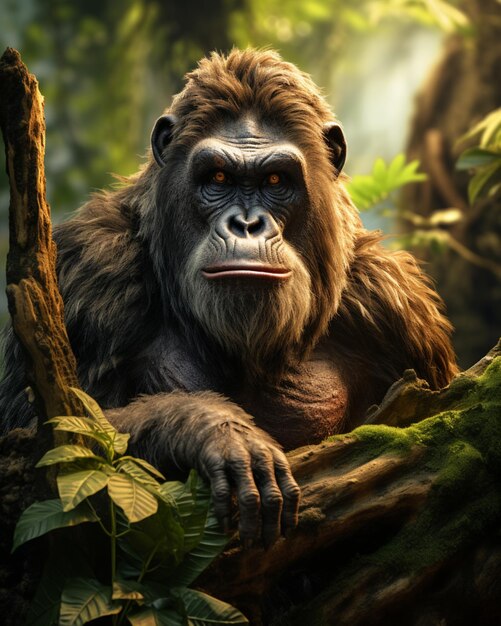 O dinopithecus grande tamanho primata sentado na selva com árvores verdes de fundo