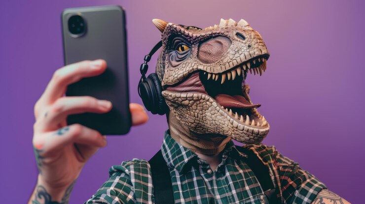 Foto o dinossauro com fones de ouvido