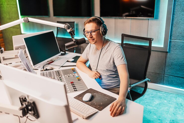 O DJ apresenta o programa e se comunica com o público no ar na estação de rádio O locutor lê as notícias Um apresentador de rádio masculino fala ao microfone e grava um podcast