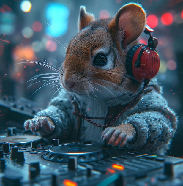 O DJ Mouse está no clube, um animal que está a usar fones de ouvido.