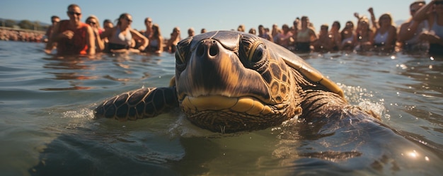 Foto o doce momento de uma tartaruga marinha resgatada em segundo plano