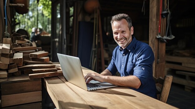 O dono de um pequeno negócio de carpintaria sorriu felizmente usando e olhando para o laptop