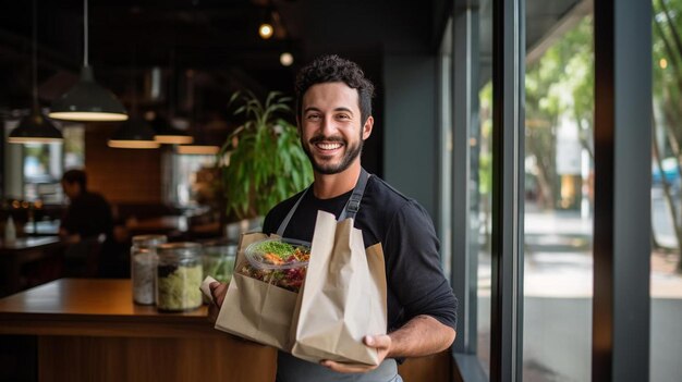 O dono do negócio está pronto com comida para levar na janela do café.