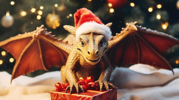 O dragão adornado com um chapéu de Papai Noel e cercado por caixas de presente